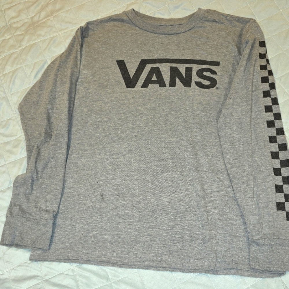 Vans Kids Gray Long Sleeve Tee with Checkered Sleeve